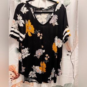 Floral Black Top with Yellow and White Accents